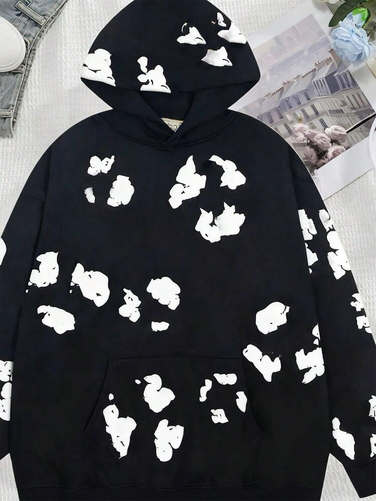 One Piece Set Denim Flower Puff Print Hoodie, Polyester Graphic