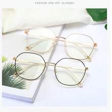 新款个性化镂空多边形金属女士时尚眼镜，圆形镜框复古简约学生阅读眼镜，前卫不对称平光镜片，适合日常佩戴 - 金色 - 查看 7