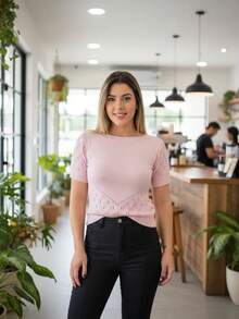 Blusa Feminina Manga Curta Tricot Modal com Detalhes em Renda Verão - Rosa Bebê - Visão 4