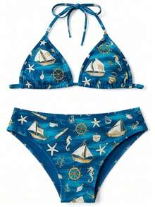 Printed Youth Bikini Set With Tie-Dye Triangle Top, Removable Pads, And Lined Panties For Summer - 藍白色 - 查看 3