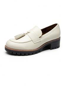 Women Thick Sole Loafers Chunky Heel Solid Color Pattern Office Business Casual Slip On Flats Shoes - Apricot - View 6