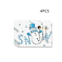1/4/6 pièces Dessous de plat décoratifs avec bonhomme de neige portant un chapeau Top de forme bleu, décoré de feuilles de houx et de baies rouges, enveloppé dans une écharpe rayée bleu et blanc, avec des gants bleus imprimés