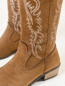 秋冬新款女士刺绣白色皮革西部靴，尖头粗跟中筒靴，户外休闲时尚靴，牛仔靴 - 駝色 - 查看 5