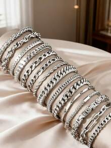15pcs Stainless Steel Chain Bracelets, Fashionable Hip Hop Style, Suitable For Daily Wear, Weddings, Parties, Holidays Gift