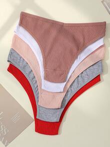5pcs Briefs Panties Ribbed Knickers Women's High Elastic Underpants Panty Solid Color Underwear Letter Design Lingerie Low-Waist