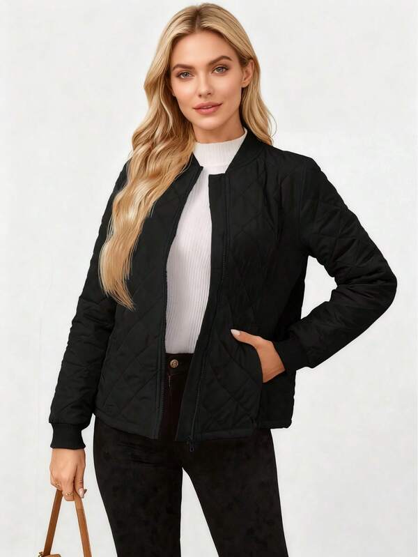 Manteau matelassé de couleur unie pour femmes, manches longues, zippé, col de baseball, manteau d'hiver casual