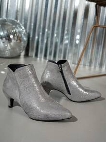 女士银色踝靴，新款秋季ins风简约优雅百搭时尚靴，尖头猫跟侧拉链踝靴，布面短筒靴 - 銀色 - 查看 6