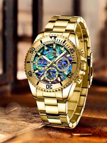 BIDEN 畅销男士腕表，商务男士腕表，运动计时腕表，带日历和夜光功能，不锈钢表带，防水男士腕表，附赠表带拆卸工具和礼盒 - 金色 - 查看 3