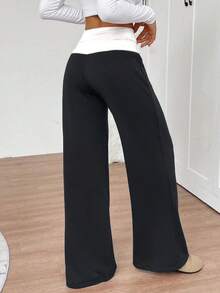 Fold Over Yoga Pants For Women Wide Leg Workout Sweatpants Y2k Striped Lounge Pants - 黑色 - 查看 4