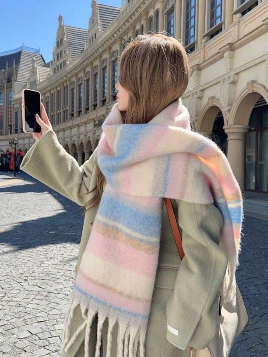 1 件小格子围巾，柔软温暖，适合秋冬 - 淺粉色 - 查看 1