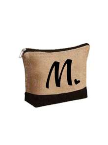 A-Z字母黑色帆布/亚麻手提袋，带化妆包，个性化礼品袋，适合婚礼、生日、海滩、度假、上学等场合，是送给女性、妈妈、老师、朋友、伴娘、学生的绝佳礼物。大容量手提袋，简约设计，便携休闲收纳袋。 - 彩色 - 查看 46