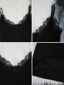 女士蕾丝吊带背心，V领蕾丝拼接针织上衣，适合返校季穿着 - 黑色 - 查看 7