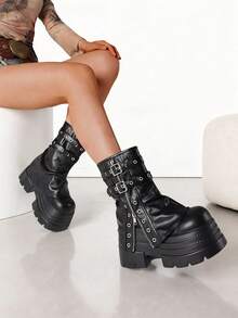 Women Gothic Fold Over Ankle Boots Punk Platform Y2k Wedges High Heels Motorcycle Thick Bottom Short Boots Belt Buckle Halloween Dress Shoes - 黑色 - 查看 2