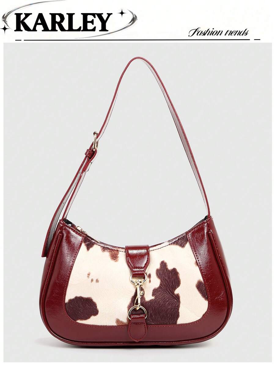 1pc Women's Minimalist Chic Shoulder Bag, Color Block Half-Moon Shape Handbag, Large Capacity, Suitable For Dates, Outings, Parties, Available In Burgundy Leopard Print And Cow Print