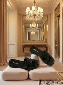 Sandalias planas de unicolor con punta abierta para mujer, sandalias de verano para mujer, nuevas sandalias de playa, elegantes sandalias planas versátiles de mujer, sandalias negras, sandalias - Negro - Ver 12