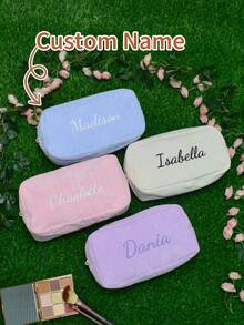 Borsa per trucchi con nome ricamato - Custodia cosmetica personalizzata in velluto a coste, organizer personalizzato per assorbenti igienici, borsa da toilette pratica per i viaggi, organizer per il trucco multifunzionale in stile vintage e moderno con design a tinta unita, ricamo di lettere elegante, regalo ideale per lei, fidanzata, fidanzato, amici - unico, morbido e di stile