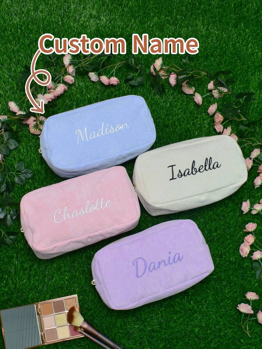 Borsa per trucchi con nome ricamato - Custodia cosmetica personalizzata in velluto a coste, organizer personalizzato per assorbenti igienici, borsa da toilette pratica per i viaggi, organizer per il trucco multifunzionale in stile vintage e moderno con design a tinta unita, ricamo di lettere elegante, regalo ideale per lei, fidanzata, fidanzato, amici - unico, morbido e di stile