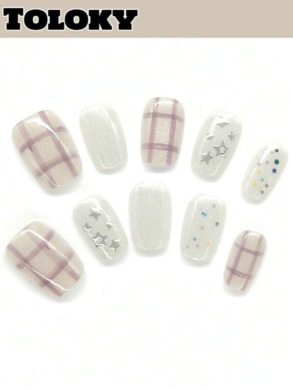10pcs Handmade Press On Nails Short Nails Square Nails Tips White Star Simple Hand-Painted With 3pcs Nail Art Tools Nail Glue Nail Supplies Fake Nails For Women And Girls To Party Travel Daily School Fine Glitter Polka Dot Nails PinkCheck Press On Nail Charms Press On Nails Short Fake Nails Nail Accessoriesnail Art