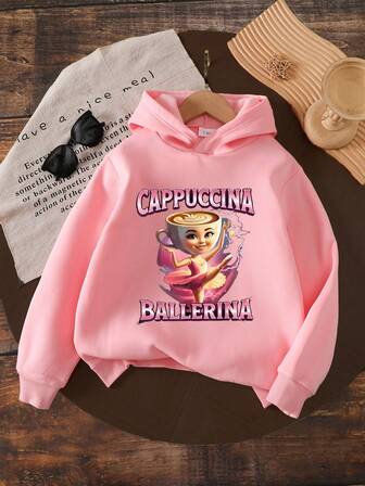 1-Piece Tween Girls Casual Loose Slogan BALLERINA Pattern Printed Hooded Long-Sleeved Sweatshirt, Suitable For Fashionable Clothing In Autumn And Winter