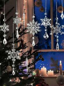 16pcs Glass Snowflake Catchers Decorations - Christmas Hanging Crystal Icicle Decor, Acrylic Snowflakes, Suitable For Christmas Tree And Holiday Party Decoration