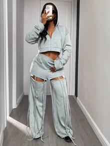 Women 2 Pieces Set Casual Hooded Long Sleeve Zip-Up Jacket And Flare Leg Ripped Fringe Decorated Pants With Pocket, Suitable For Autumn/Winter