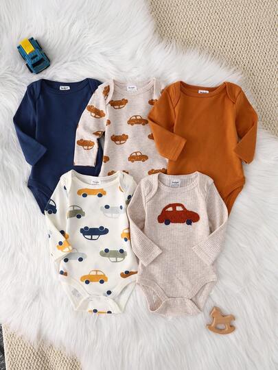 DILAVEL 5 Stücke Herbst und Winter Neuheit Langarm Jumpsuit für Jungen und Mädchen, Baby Kleidung, Baby Dreieck Jumpsuit, hautfreundliche Stickerei, Auto Muster, modisch und vielseitig