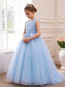 Vestido de princesa azul de encaje para niñas, vestido de gala formal para fiesta de bodas, vestido de noche para concurso de belleza, vestido de graduación, Navidad