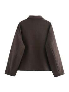 休闲女式外套秋季翻领长袖女士夹克带口袋时尚街头女士外套 - 棕色 - 查看 6