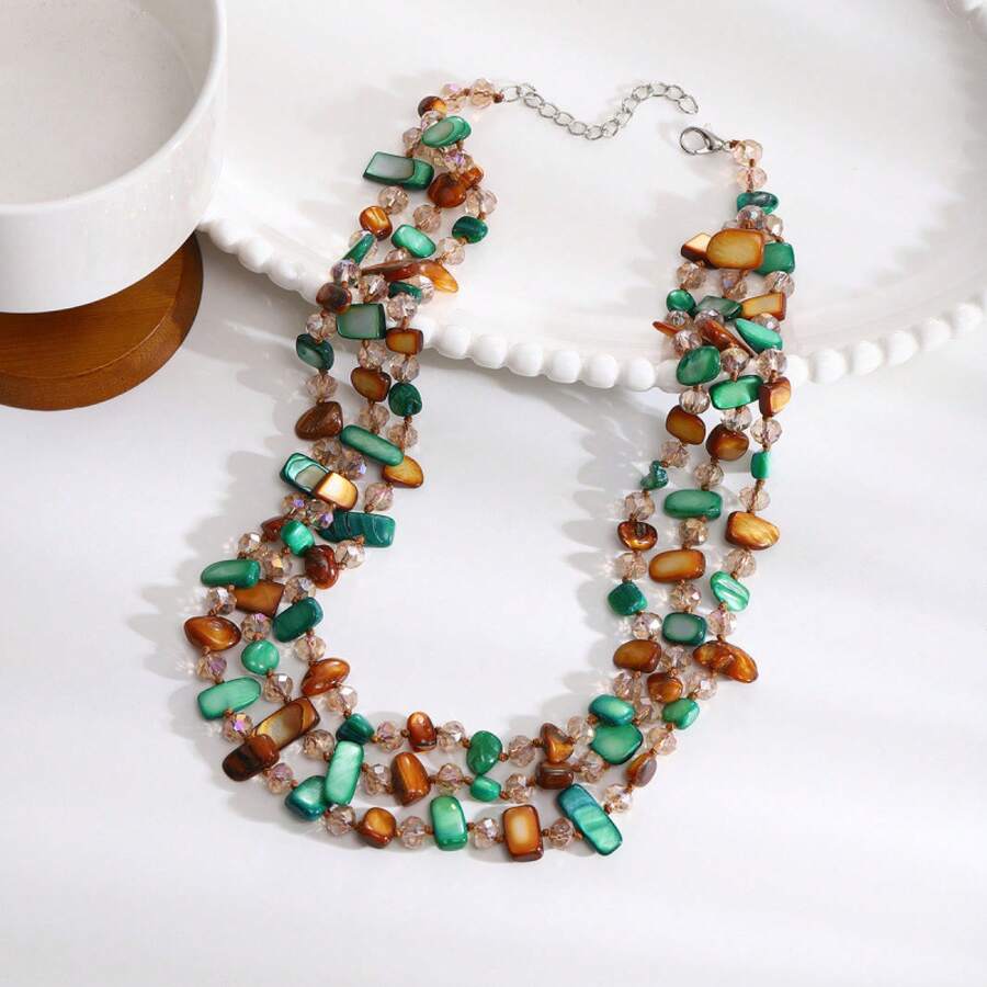 1pc New Three-Layer Hand-Made Beaded Fashionable Age-Reducing Versatile Temperament Women'S Necklace - 咖色 - 查看 1