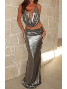 女士性感金属色垂褶高领上衣和长裙两件套，略带弹性，适合晚宴活动 - 銀色 - 查看 10