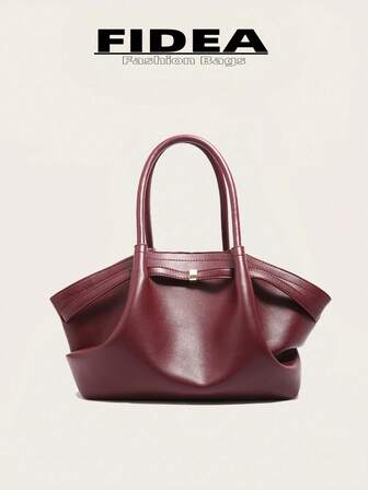 1pc Women's Large Capacity Handbag Vintage PU Leather Tote Bag, Burgundy Red Large Capacity Handbag With Belt Decor, PU Material Shoulder Tote Bag, Fashionable Retro Minimalist Style, Suitable For Women Shopping, Commuting, Daily Use