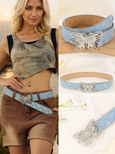 Women's Fashion Waist Accessory, Versatile Autumn/Winter Butterfly Denim Style Belt, Suitable For Daily, Outdoor, Festival, Party, Cosplay, Stage, Music Festival Performance