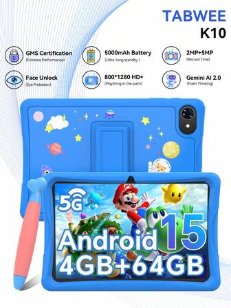 TABWEE 最新款10.1英寸儿童平板电脑，Android 15 K10系列，学习教育平板电脑，高清+IPS屏幕（1280*800），四核处理器，12GB（4+8）内存，64GB存储空间，支持高达1TB的TF卡扩展，5000mAh电池，双扬声器，支持WiFi（不含适配器）