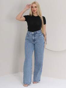 Women's Wide Leg Jeans, High Waist, 100% Jeans, Wide Leg, Straight Leg, Modern Style, Versatile And Comfortable - 中等水洗藍 - 查看 4