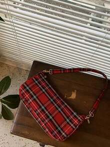 Women's Canvas Shoulder Bag, Korean Style New Arrival, Checkered Baguette Underarm Bag, Retro Crossbody Bag - Red - View 8