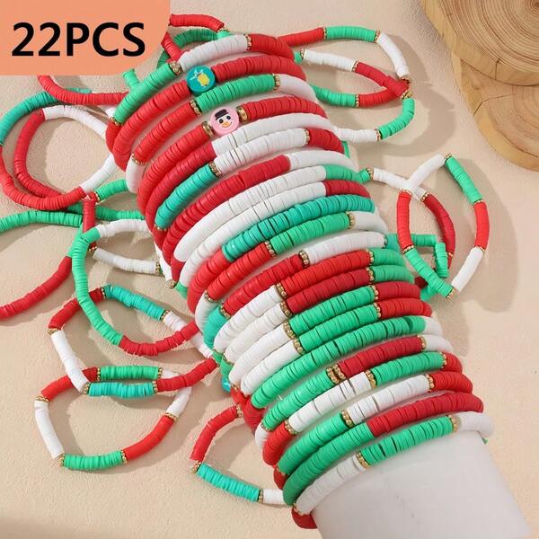 22 قطعة/عبوة أساور يونيسكس من الطين الناعم باللون الأحمر والأبيض والأخضر، مجموعة أساور بوهيمية عصرية، أساور نصف جاهزة للتعليق بها الخرز، هدايا مجوهرات للأعياد والأعياد الوطنية، أساور للصداقة والعائلة (ألوان الطين الناعم مختلطة عشوائيًا)
