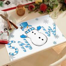 1/4/6 pièces Dessous de plat décoratifs avec bonhomme de neige portant un chapeau Top de forme bleu, décoré de feuilles de houx et de baies rouges, enveloppé dans une écharpe rayée bleu et blanc, avec des gants bleus imprimés