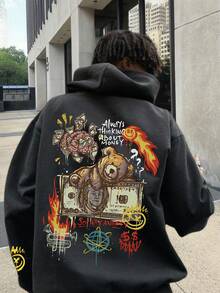 男士休闲街头风金钱与熊元素印花连帽卫衣，秋冬款，长袖上衣 - 黑色 - 查看 5