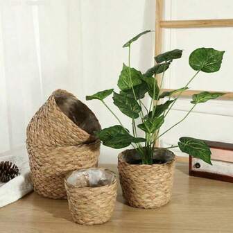 1 件手工编织花盆套，适用于家庭客厅的海草绳篮，柳条/藤条/竹子手工艺花篮