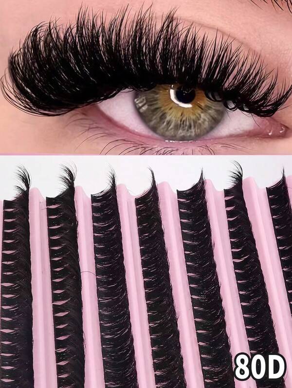 Pestañas postizas negras 80D, 10 bandejas/200 racimos, longitud de 8-16 mm por racimo, efecto 3D, pestañas individuales por racimo, diseño de rizo D, estilo de ojo de gato, adecuado para extensión de pestañas DIY, rizado, esponjoso, acabado ahumado, pestañas DIY