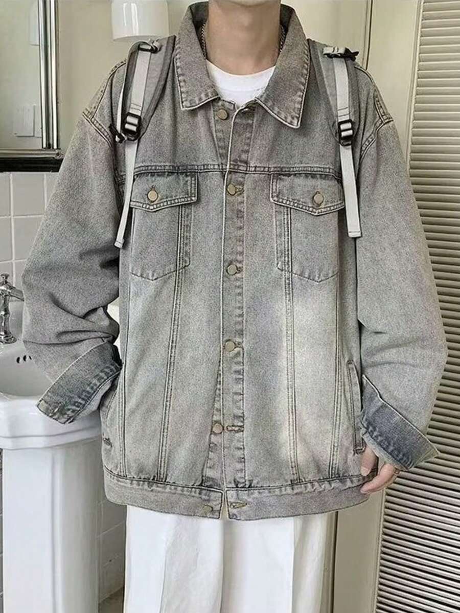 Retro Washed Denim Jacket For Men, Fashionable Autumn American High Street Top, Loose Casual Workwear Jacket