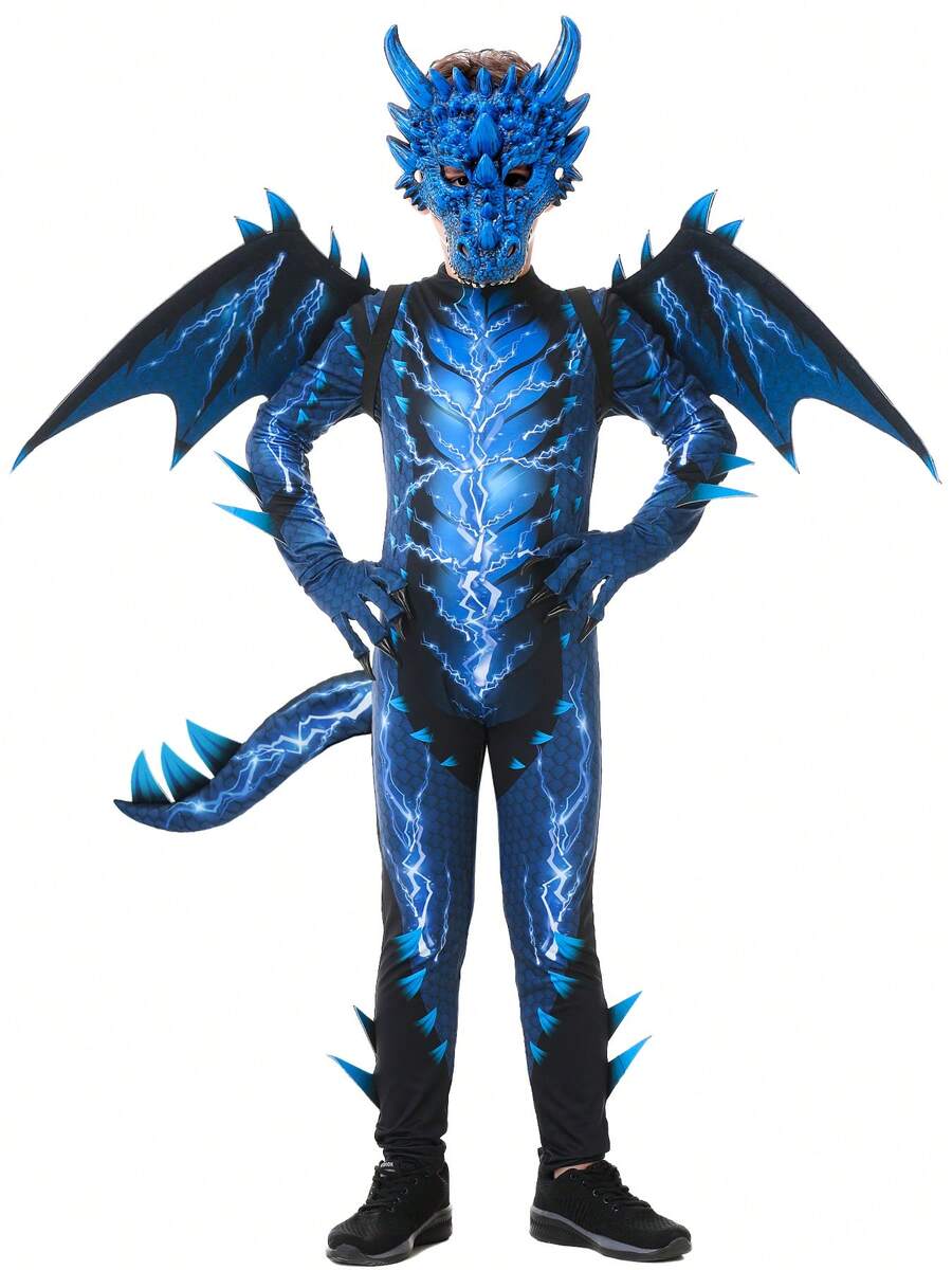 Dragon Costume For Kids Boys Girls With Mask Wings And Tail Red Or Blue Lightning Fire Dragon Jumpsuit Halloween Cosplay Outfit Mythical Creature Dress Up For Trick Or Treat Party - Blue - View 1