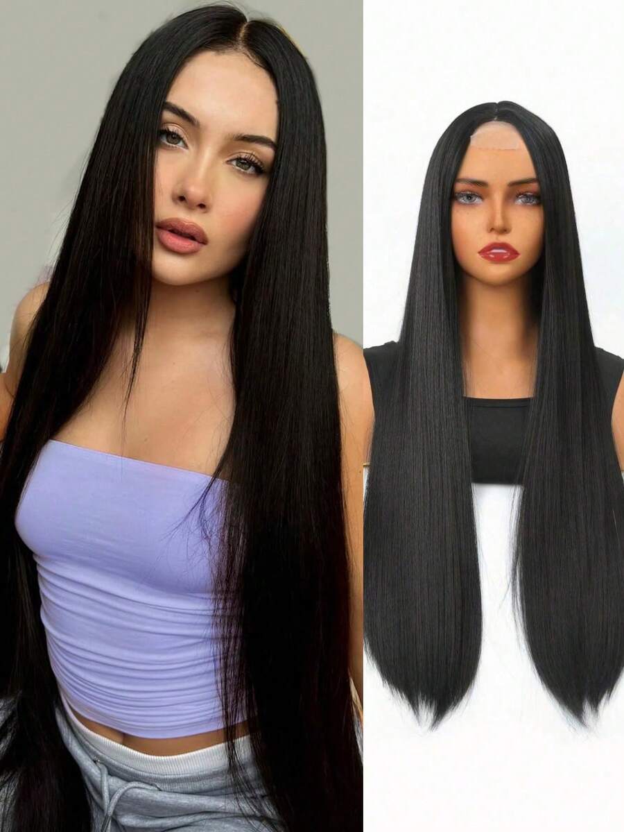 Synthetic Lace Front Wig - Long Straight Lace Front Synthetic Wig - Fashionable Women's Heat-Resistant Fiber Wig Suitable For Halloween And Cosplay