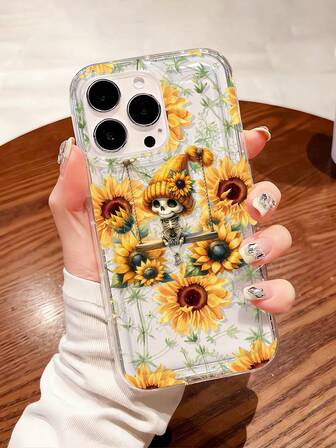 1pc Fashionable Sunflower Skull Pattern Shock-Absorbing Cushion TPU Phone Case, Suitable For IPhone 16 Pro Max/16/16 Pro/16 Plus/15/15 Pro Max/15 Pro/11/12/13/14 Pro Max/11 Pro/11 Pro Max/12 Pro/12 Pro Max/13 Pro/13 Pro Max/14 Pro/14 Pro Max, Creative High-End Soft Shell