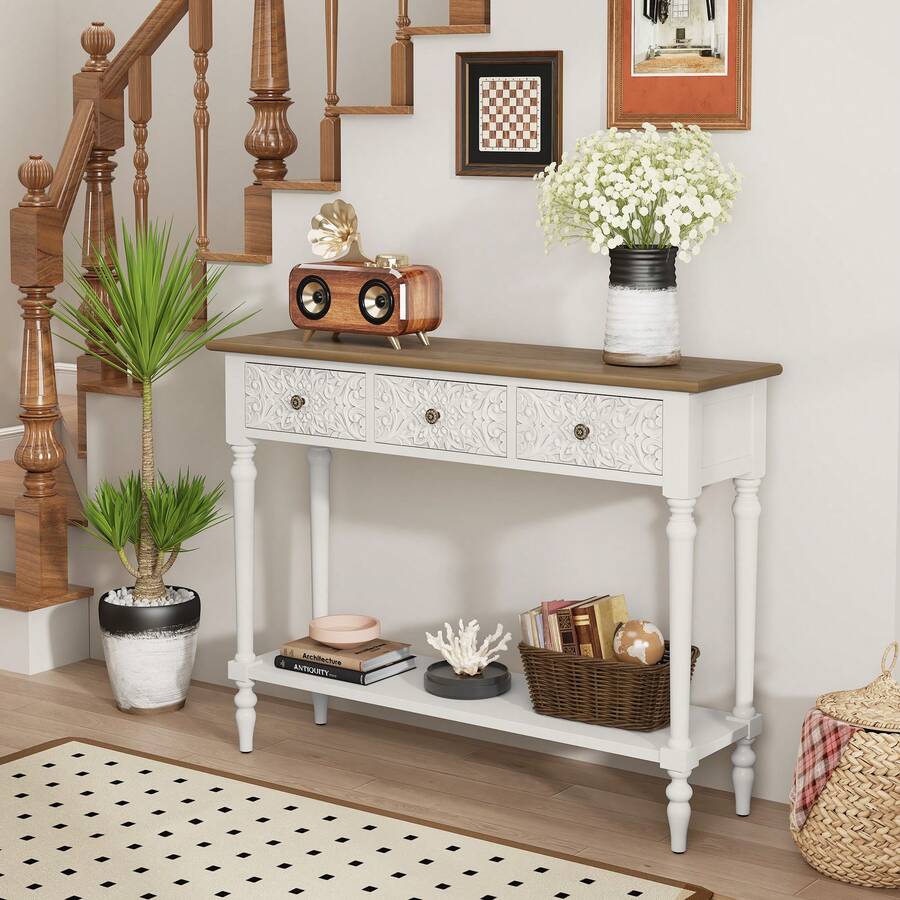 JOEMEY Console Table With 3 Drawers, Carved Entryway Table, Narrow Long Sofa Table For Living Room, Hallway, Behind Couch(White) - White - View 1