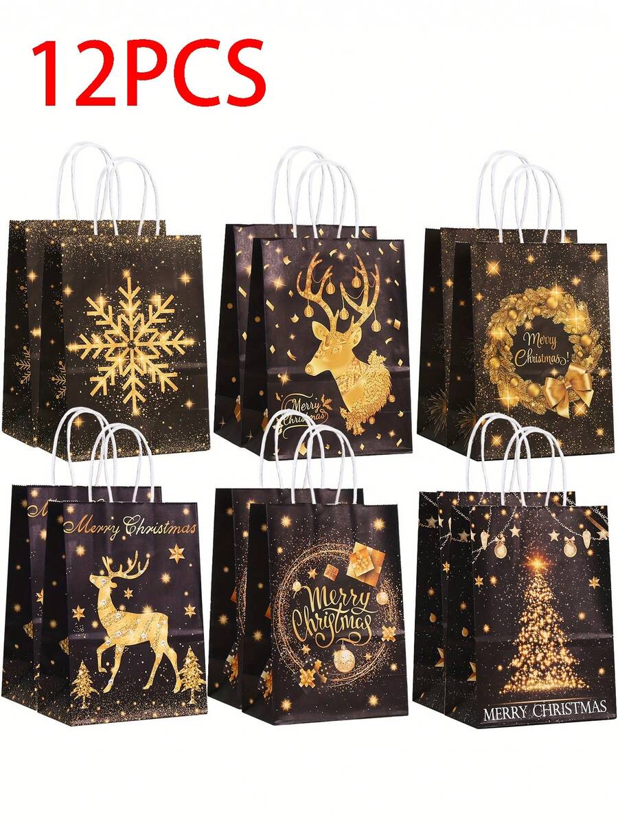 12 piezas - Bolsas de tela negras con asas para Navidad, bolsas de regalo de Navidad, bolsas de fiesta de Navidad con diseño de Papá Noel, reno y campanas, reutilizables, bolsas de mano negras para fiestas, de 8.3x5.9x3.2 pulgadas, bolsas de compras, bolsas de obsequios, decoraciones navideñas para el hogar, regalos de Navidad y Año Nuevo 2026