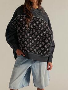 Patchwork Hoodies For Teen Girls Long Sleeve Flower Hibiscus Graphic Print Pullover Sweatshirt Cute Floral Oversized Hoodie - Dark Grey - View 2