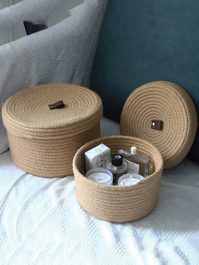 1 Giỏ đan có nắp, Hộp đựng đồ để bàn đan, Nhiều màu sắc để lựa chọn, Hộp đựng đa năng phù hợp cho phòng ngủ, hành lang, phòng tắm, ký túc xá, có thể đựng đồ chơi, mỹ phẩm, đồ lặt vặt, Thiết kế tròn, Quà tặng lý tưởng