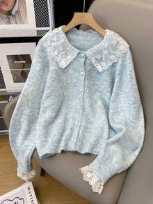 Cardigan casual a maniche lunghe in maglia con bordo in pizzo, colore unito, adatto per autunno/inverno, festival primaverili - Azzurro chiaro - Visualizzare 4