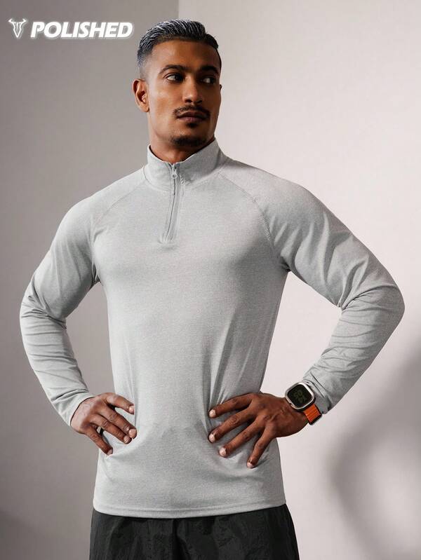 Manfinity Sport Polished Men's Solid Color Long Sleeve Casual Sports T-Shirt, Simple & Fashionable For Daily Wear 4-Way Stretch Material Sweat-Wicking Lightweight Minimalist Design Quarter Zip Slim Fit For Workout Performance-T